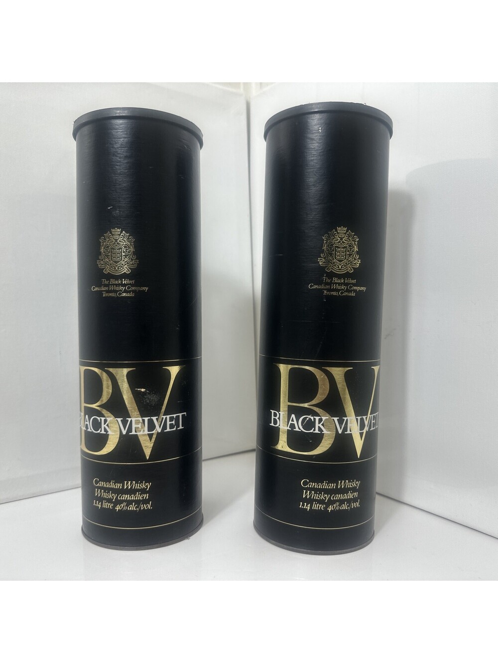 2 Vintage Black Velvet Whisky Canister Tubes 1.14L Canadian Barware Decor